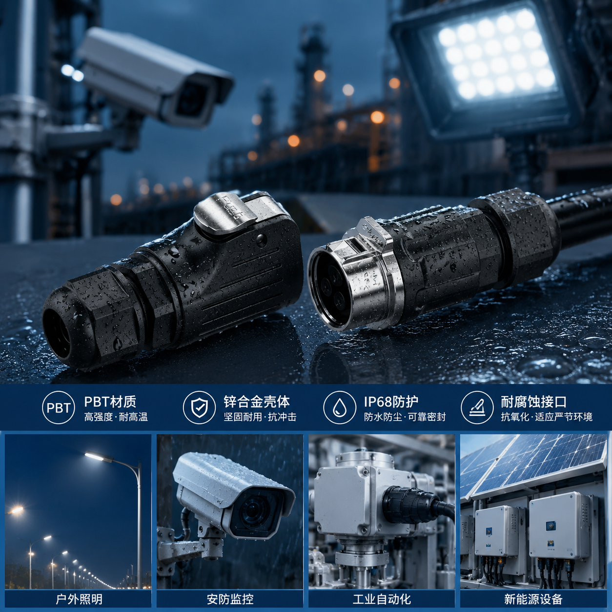 防水连接器选型, 户外照明连接器, 安防监控连接器, 工业自动化连接器, 新能源连接器, 耐腐蚀连接器, PBT壳体, 锌合金壳体, EW-LP32