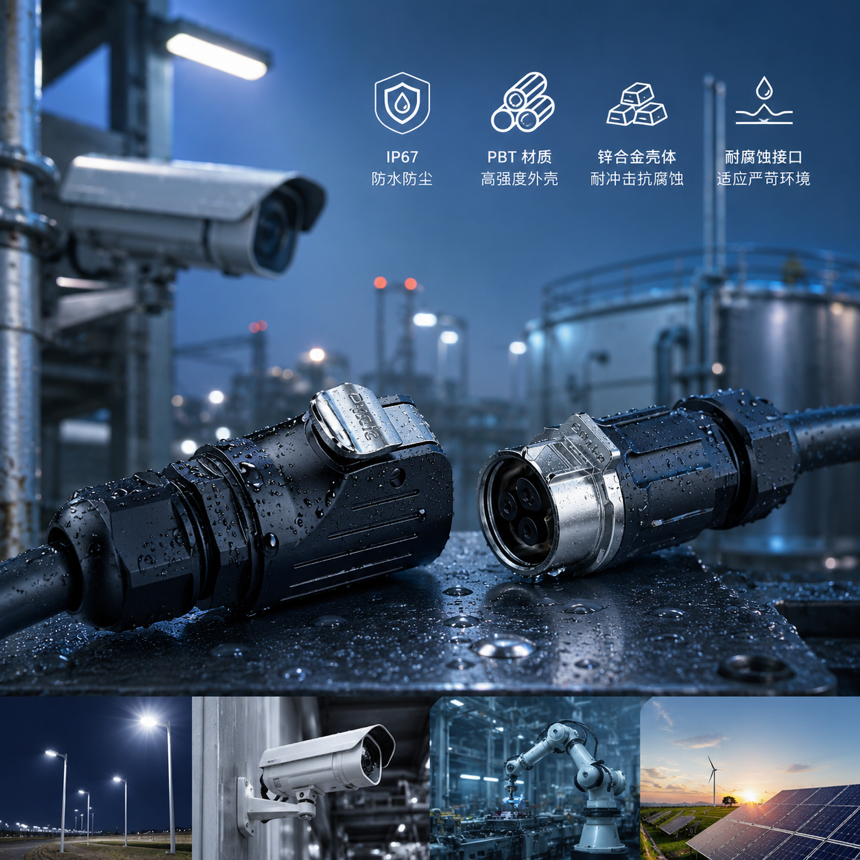 防水连接器选型, 户外照明连接器, 安防监控连接器, 工业自动化连接器, 新能源连接器, 耐腐蚀连接器, PBT壳体, 锌合金壳体, EW-LP32