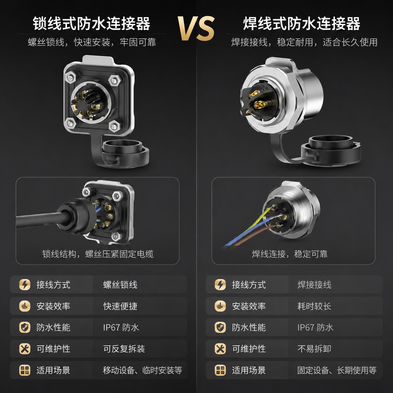 防水连接器厂家农业智能灌溉设备焊线锁线对比